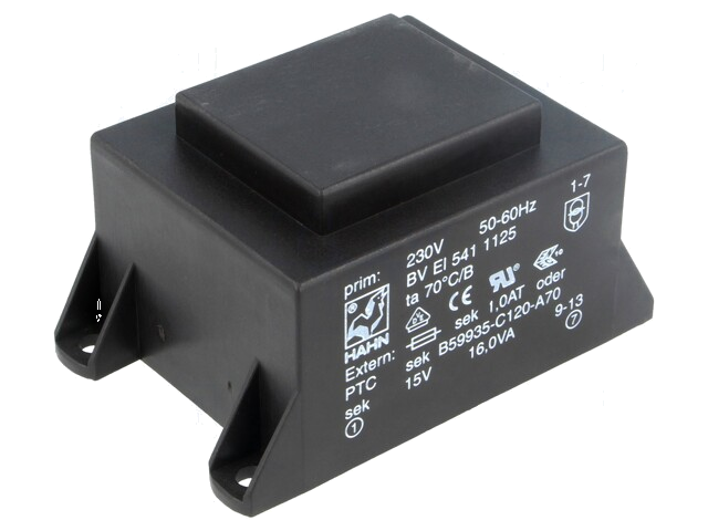 Transformator: ingegoten; 16VA; 230VAC; 15V; 1067mA; PCB; BVEI Transformator: ingegoten; 16VA; 230VAC; 15V; 1067mA; PCB; BVEI